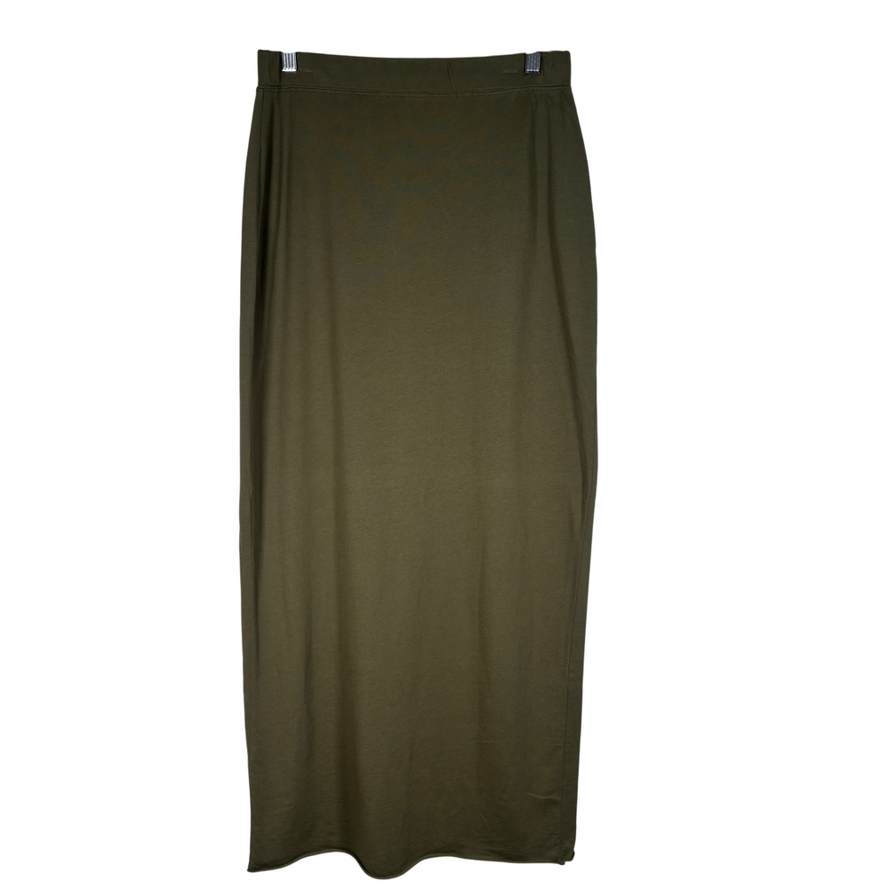 Free People olive knit maxi skirt with pull-on waistband, slim straight silhouet